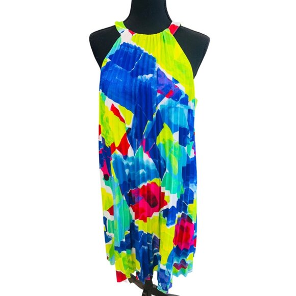 Lauren Ralph Lauren Pleated Halter Dress Abstract Multicolor Retro Party Size 12 - Picture 2 of 10